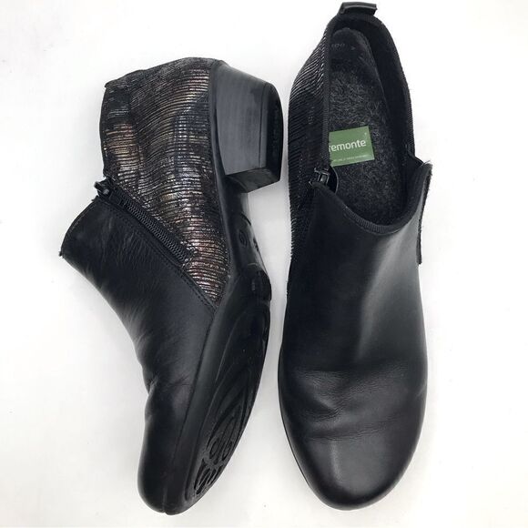 Remonte Black Leather Metallic Irridescent Heel Low Heel Zipper Ankle Boots - Picture 5 of 16